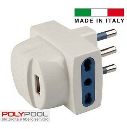 ADATTATORE RIDUTTORE SPINA 16A DOPPIA PRESA UNIV. + USB POLYPOOL MADE IN  ITALY
