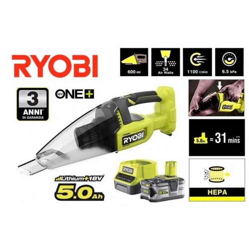 ASPIRAPOLVERE COMPATTO 1100 l/min - 600ml - A BATTERIA 18V - 5.0Ah - RYOBI