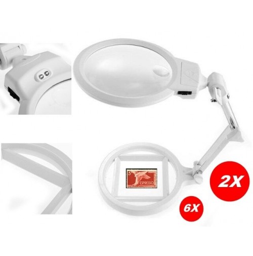 LENTE INGRANDIMENTO DA TAVOLO PIEGHEVOLE A DOPPIA LENTE 2X - 6X E LUCE A 2  LED