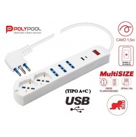 MULTIPRESA 6 PRESE POLIVALENTI ITALIANE+SCHUKO INTERRUT. SPINA 10A + 2 USB A+C