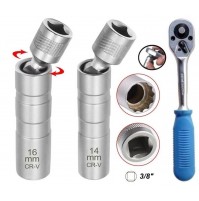 SET 2 CHIAVI A BUSSOLA + CRICCHETTO DA 3/8 CON SNODO PER CANDELE DA 14 & 16 mm