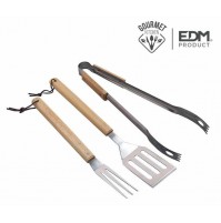SET 3 UTENSILI PER BARBECUE IN ACCIAIO INOX CON MANICO IN LEGNO DI ROVERE 