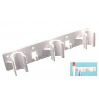 SUPPORTO DA MURO PORTA SCOPE A 3 POSTI + 2 GANCI IN PLASTICA BIANCO CM 22